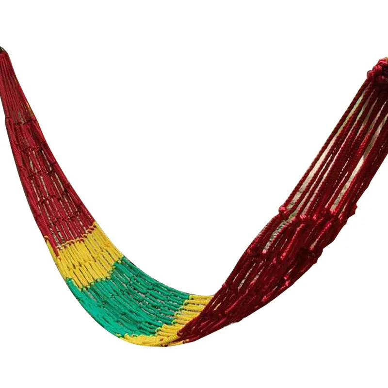 Nylon rope mesh hammock suspended outdoors showing 1.1m width and open construction