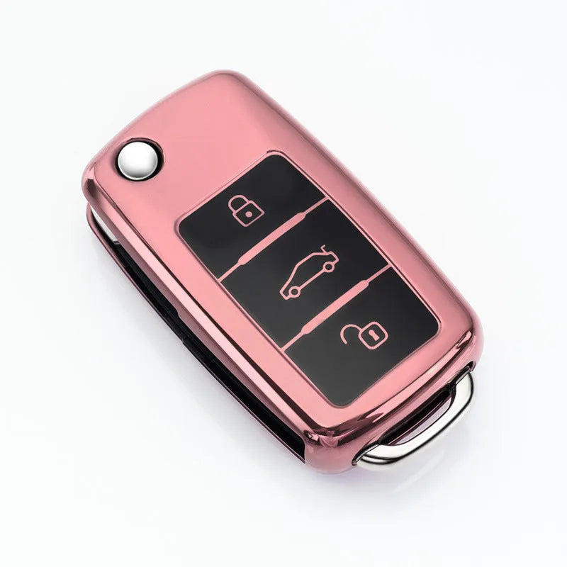 VW Model A car key bag with buckle attachment holding three folding keys in TPU material