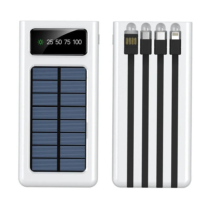 Solar power bank with integrated cable showing 20000mAh capacity and solar panel in black plastic case