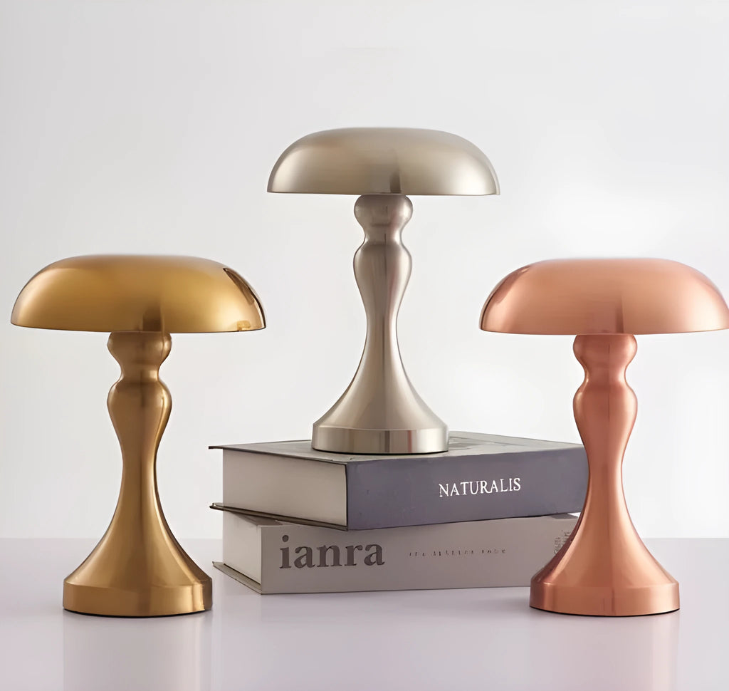 Metallic desk lamp with touch base showing three colour light settings: white, warm, and natural.