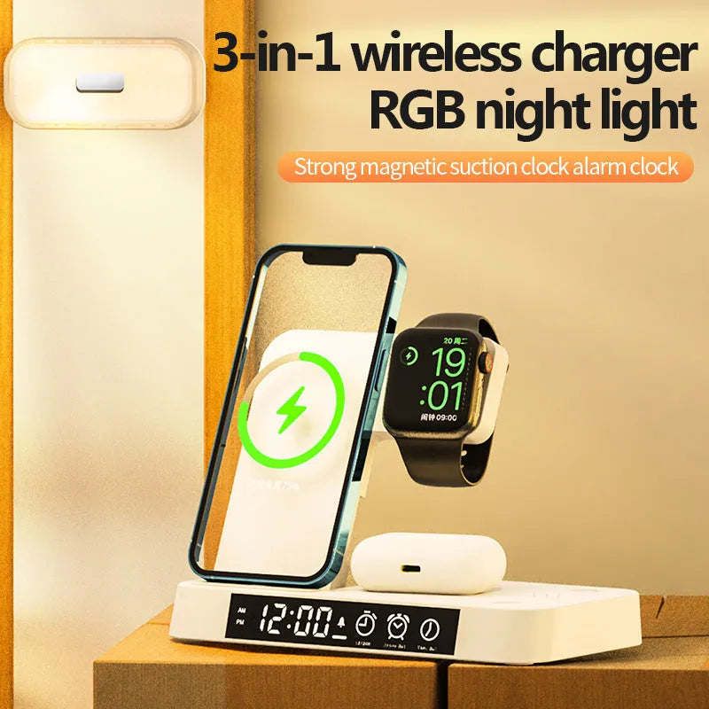 Foldable wireless charging station showing alarm clock display, RGB night light, and phone charging surface