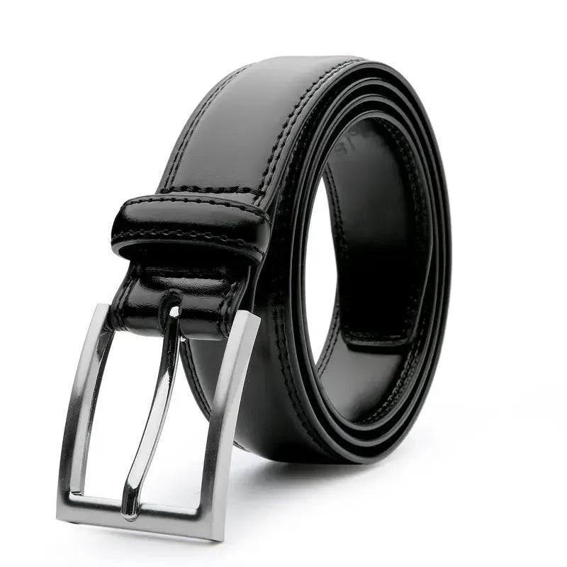 Men's genuine leather casual belt with alloy buckle in 95 grain black, brown, or yellow brown.