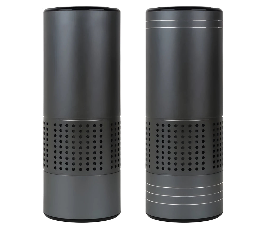 Aluminium alloy car air purifier with digital display showing air quality, temperature, and humidity readings.