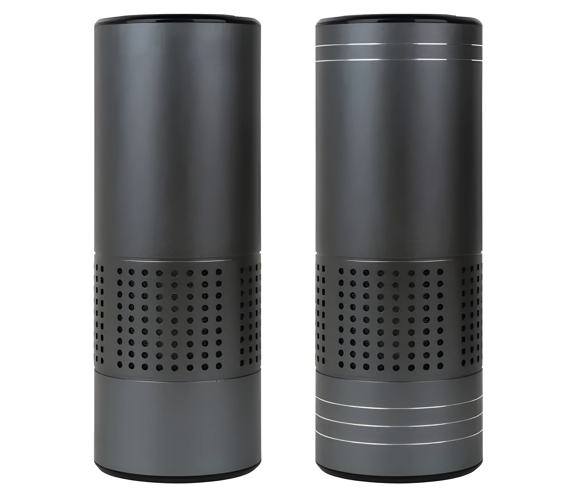 Aluminium alloy car air purifier with digital display showing air quality, temperature, and humidity readings.