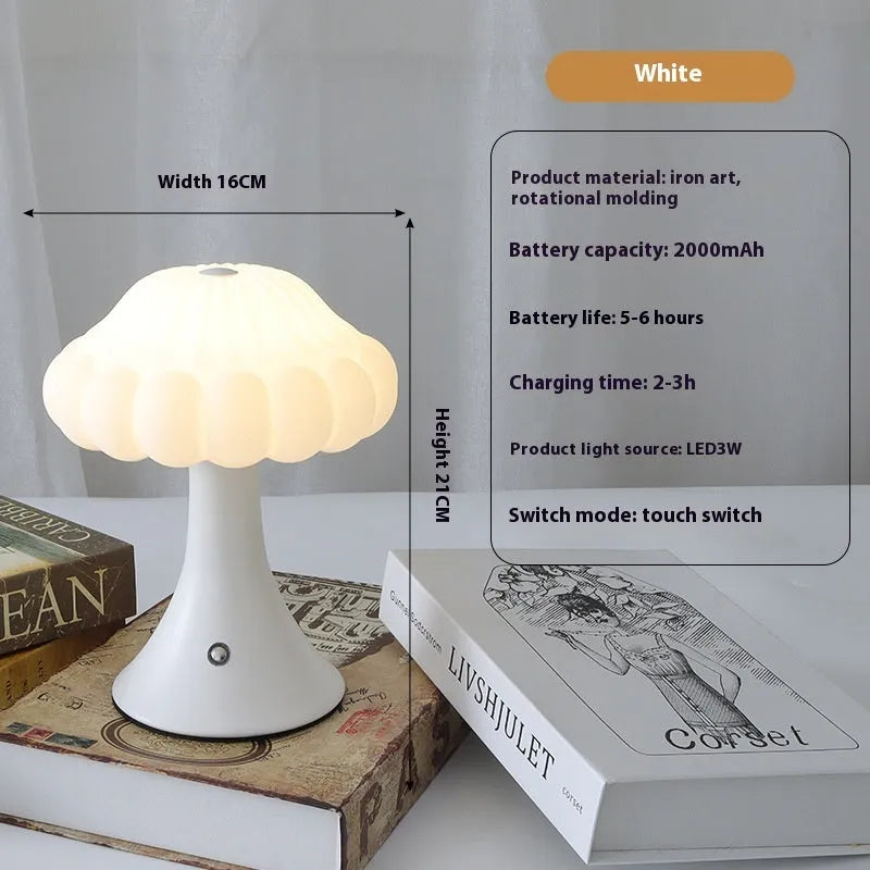 Small decorative mushroom-shaped night lamp on a surface, showcasing its USB charging port and touch control.