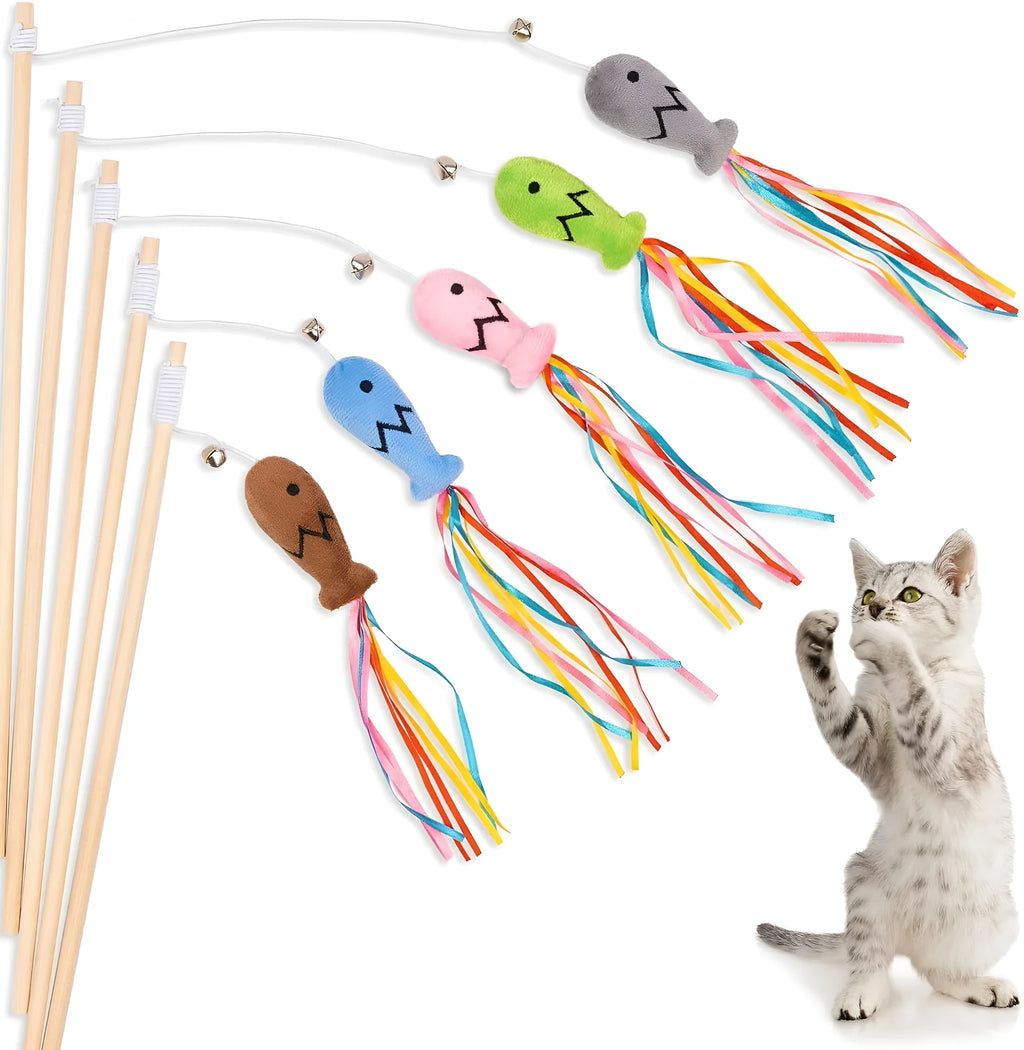 Blue cat wand toy with wooden handle, elastic string, catnip fish, ribbons, and bell.
