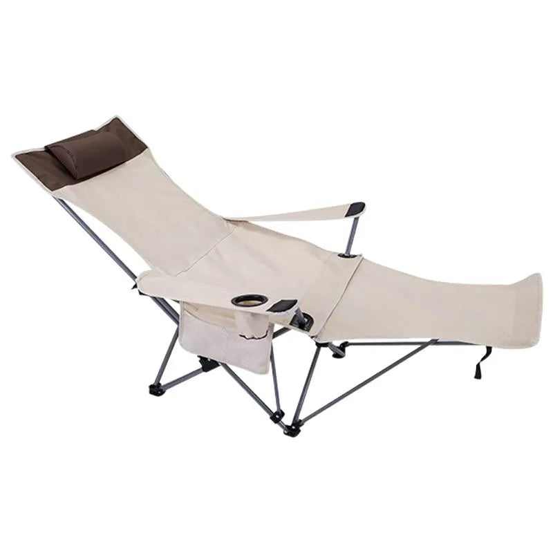 Dual-purpose outdoor office folding recliner chair in beige with steel frame and carrying handle