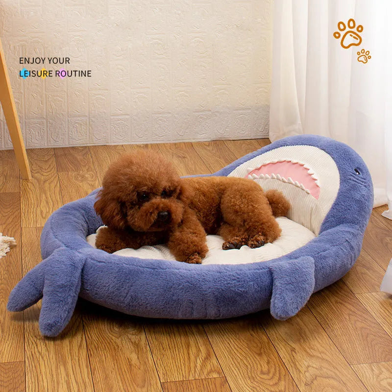 Blue shark pattern pet bed cushion on floor with velvet fabric and non-slip bottom