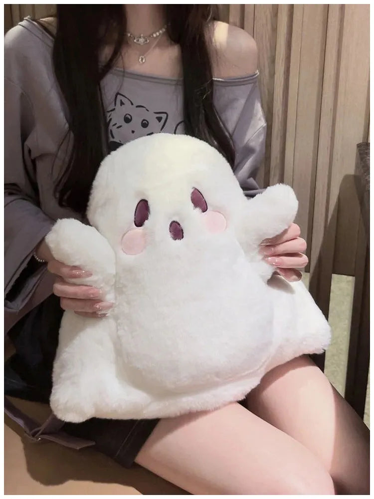 Cute ghost cartoon backpack in milky white plush with double straps and sandwich pocket