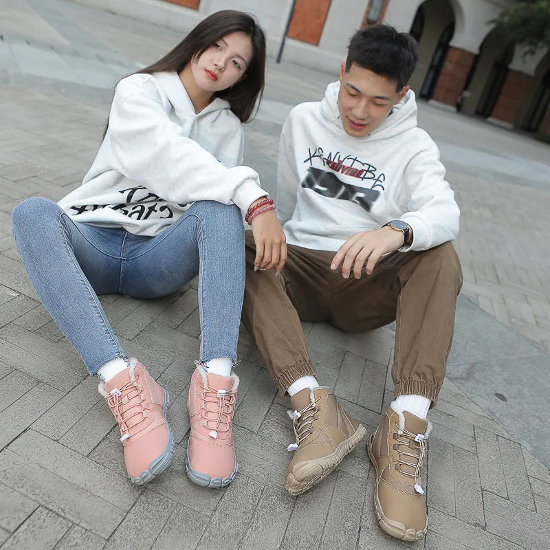 Waterproof fleece-lined outdoor snow boots with round toe and front lace-up in black, khaki, or pink.