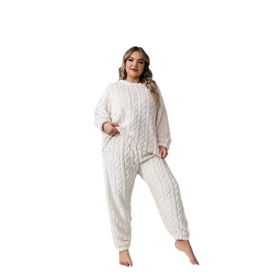 Women's milky white plush two-piece lounge set with crew neck top and long trousers