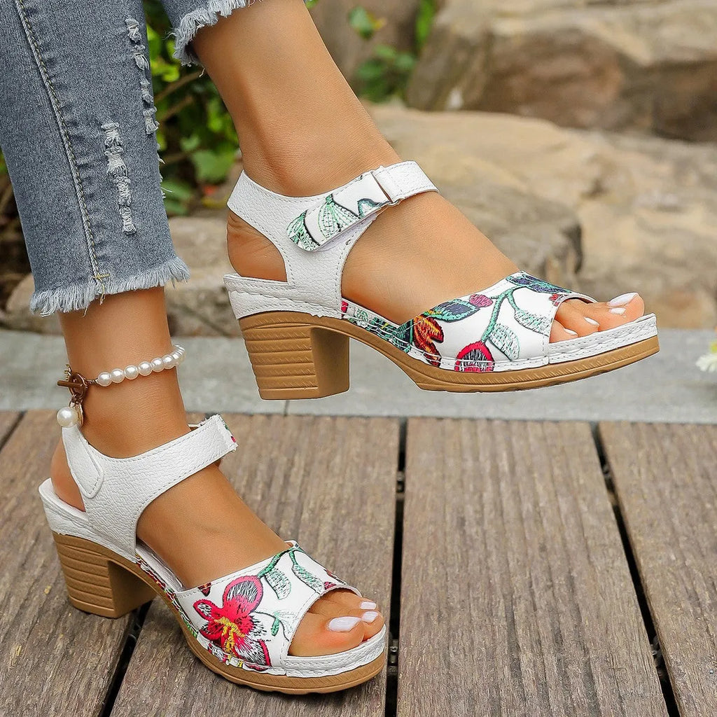 White women's high heel sandals with Velcro buckle fastening and rubber sole