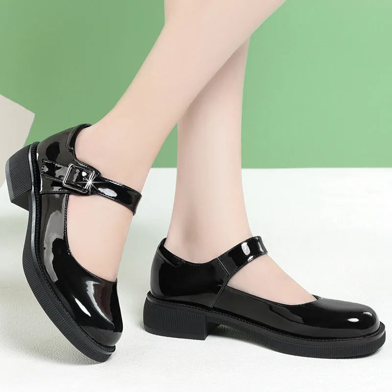 Black round toe leather pumps with buckle strap, mid-heel 3.5cm, cow split leather upper, rubber sole, women's shoes