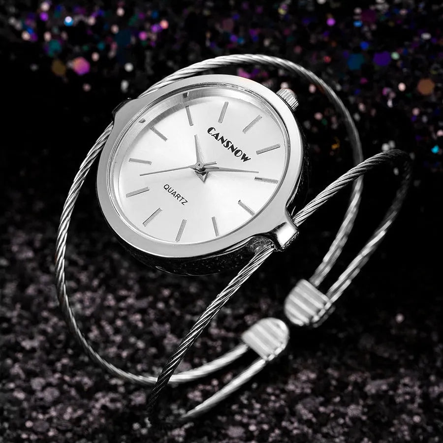 Starry sky design women's steel wire bracelet watch in rose gold with quartz movement and spiral crown