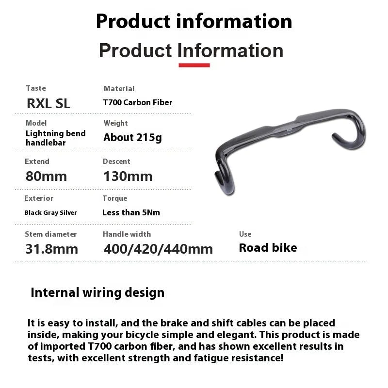 Carbon fibre road bicycle drop bar handlebar in Black Grey Silver, shown in 400mm, 420mm, and 440mm width options.