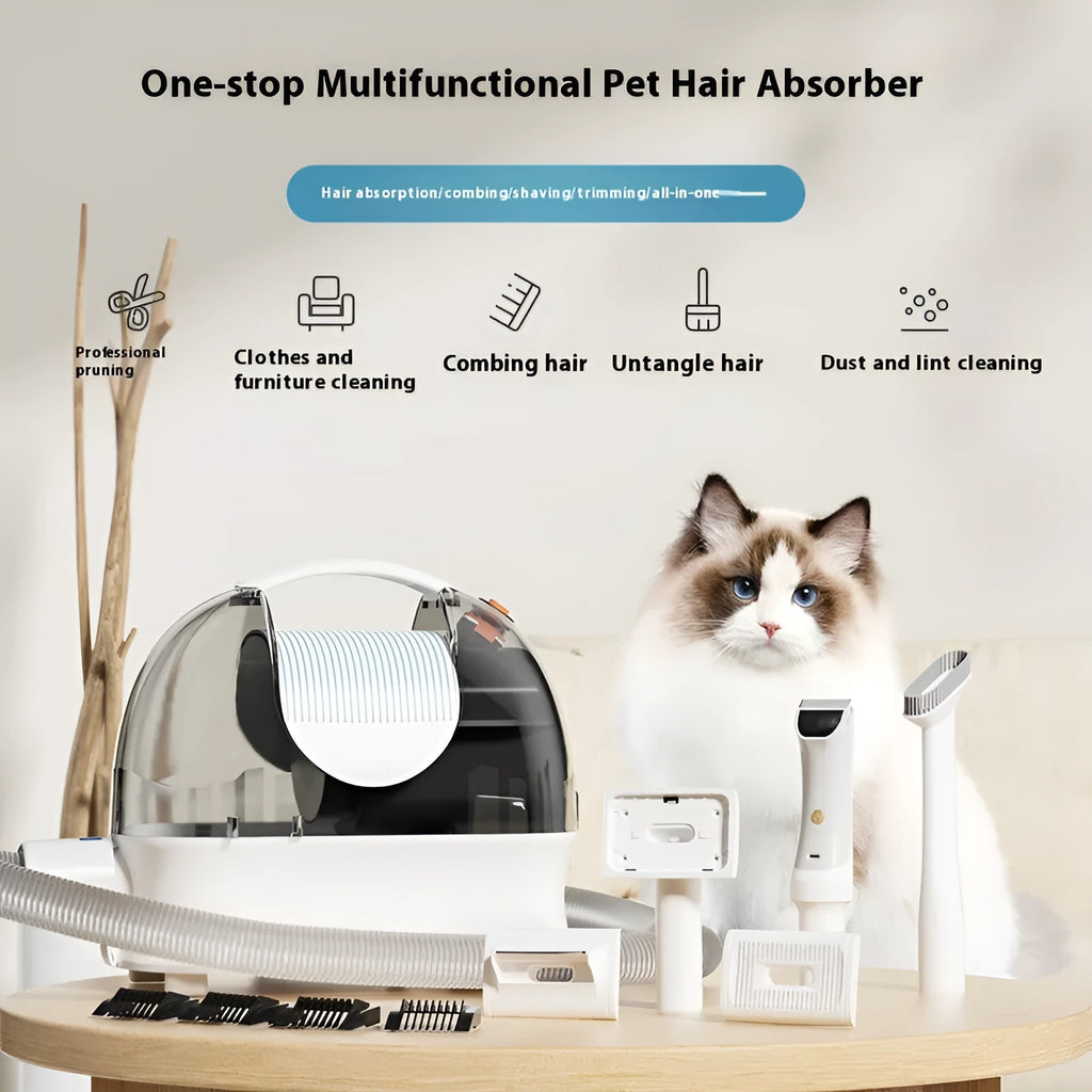 Pink and white pet hair vacuum cleaner with grooming clippers, hose, and attachments on white background