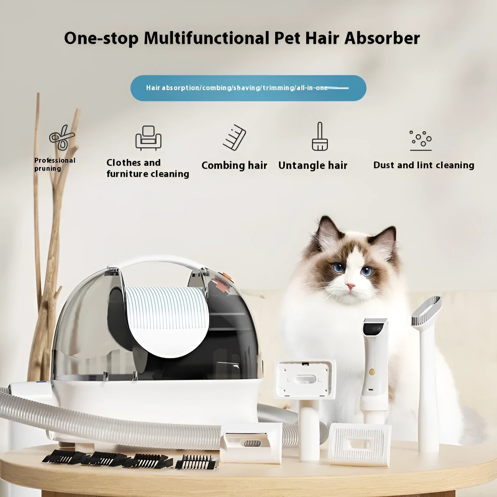 Pink and white pet hair vacuum cleaner with grooming clippers, hose, and attachments on white background