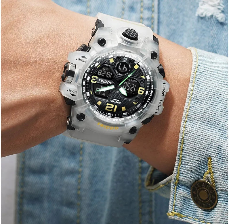 Men's electronic sports watch with dual display showing both pointers and digital readout on round black dial