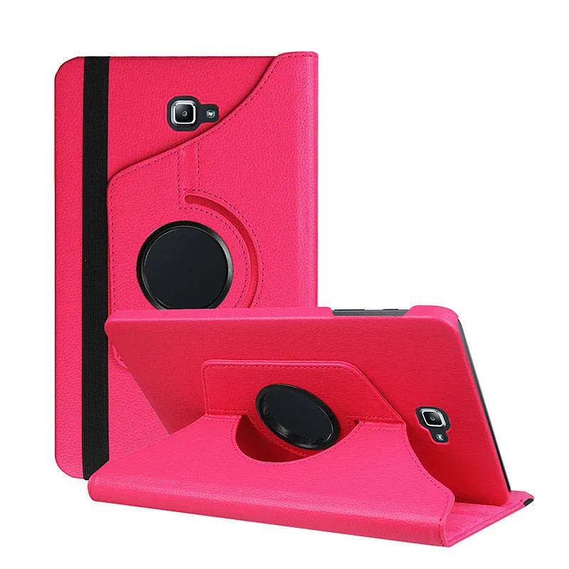 Rotating leather clamshell case for iPad 1 tablet in multiple colour options on a desk.