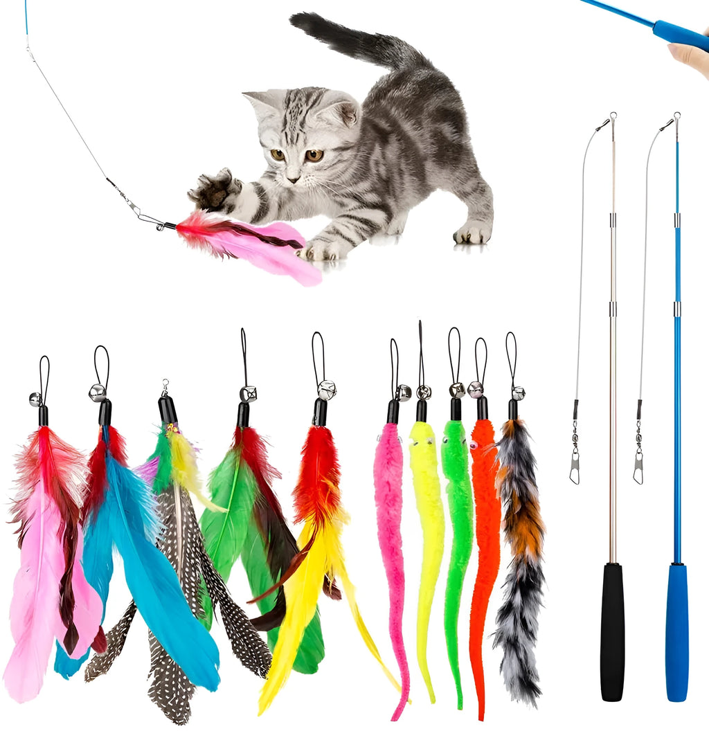 Cat teasing pole set with two fishing rods and ten feather replacement heads