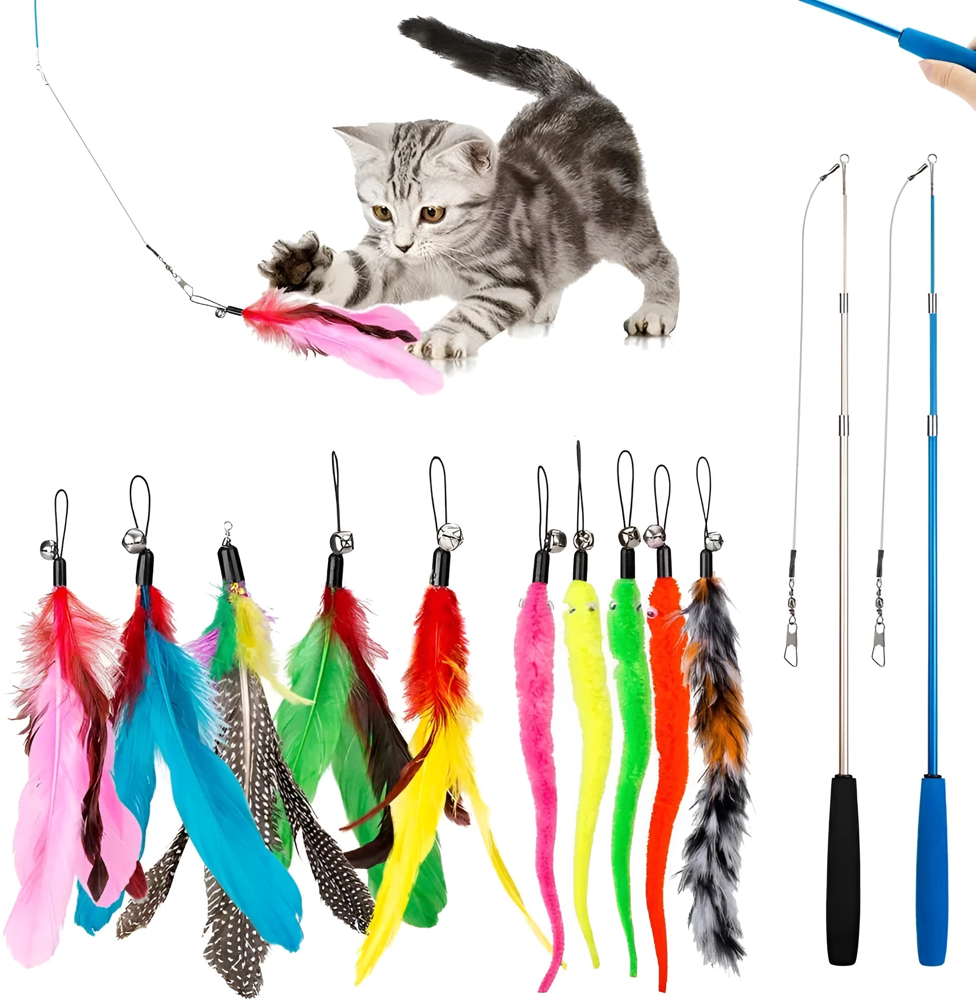 Cat teasing pole set with two fishing rods and ten feather replacement heads