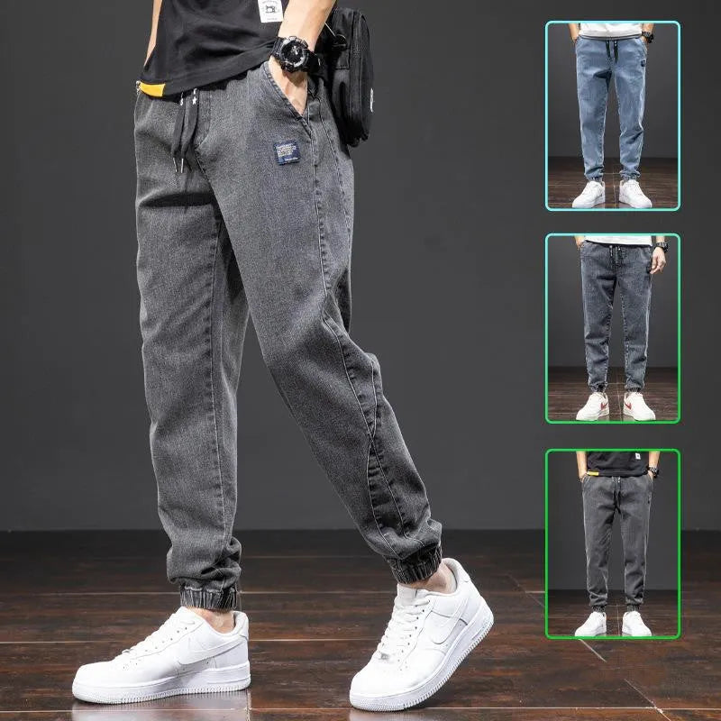 Men's casual loose stretch cotton jeans in black, available in sizes M to 8XL for relaxed daily wear
