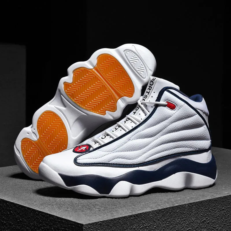 Men's high-top basketball shoes in AJ13 colours with thick rubber sole and mesh upper