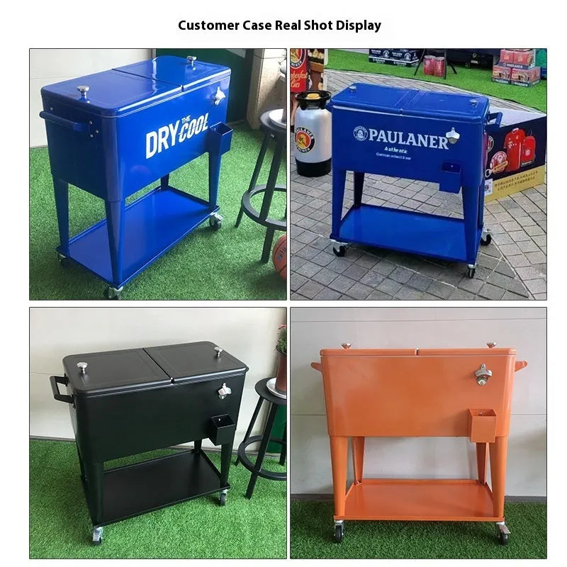 Red outdoor insulated cart cooler box with iron trolley frame and 750 ml capacity.