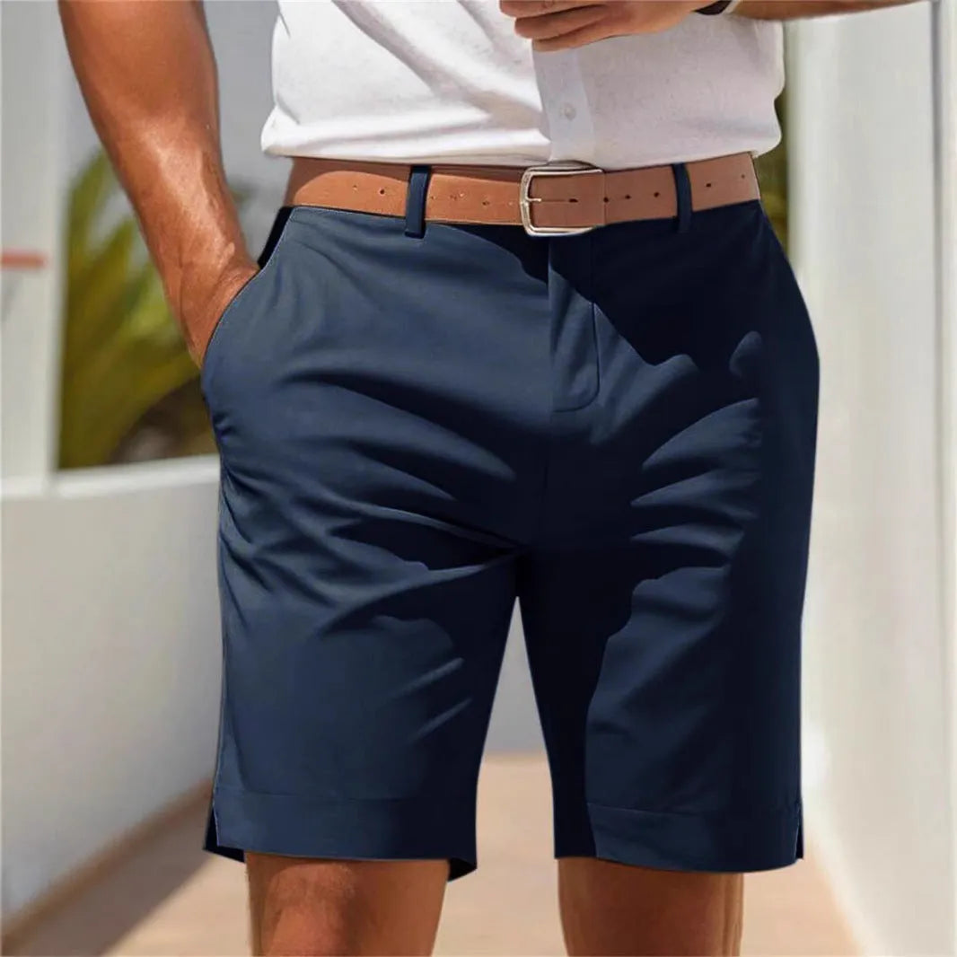 Men's light grey straight-leg polyester casual shorts on a hanger
