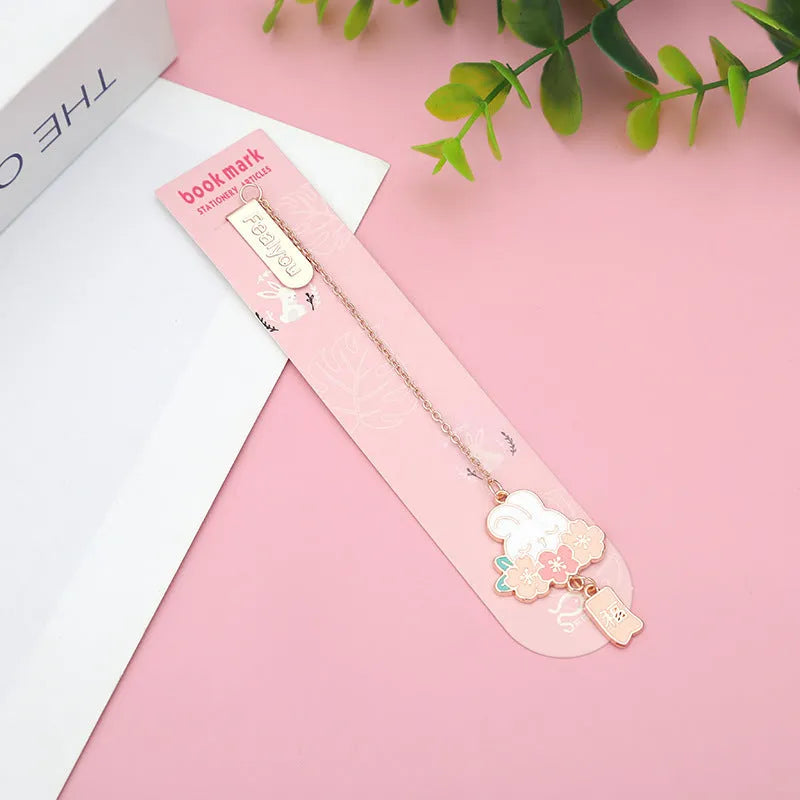 Metal pendant bookmark with cartoon cherry blossom cat and rabbit designs for books and journals