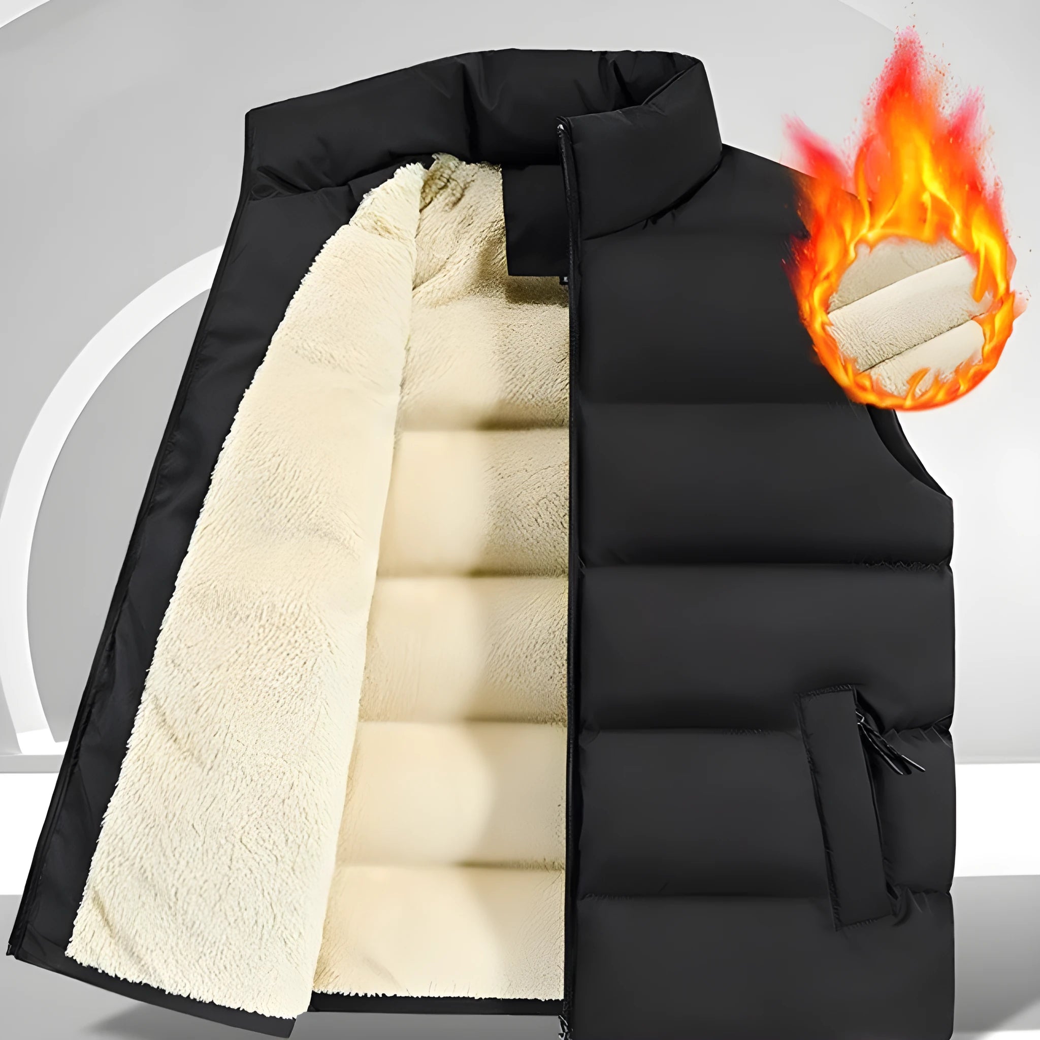 Men's striped lambswool vest in black, shown on a hanger for autumn and winter wear.