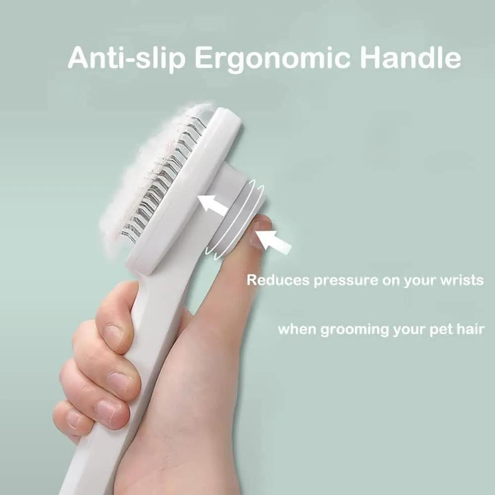 Blue self-cleaning cat brush with rubber handle and button for one-click hair removal.