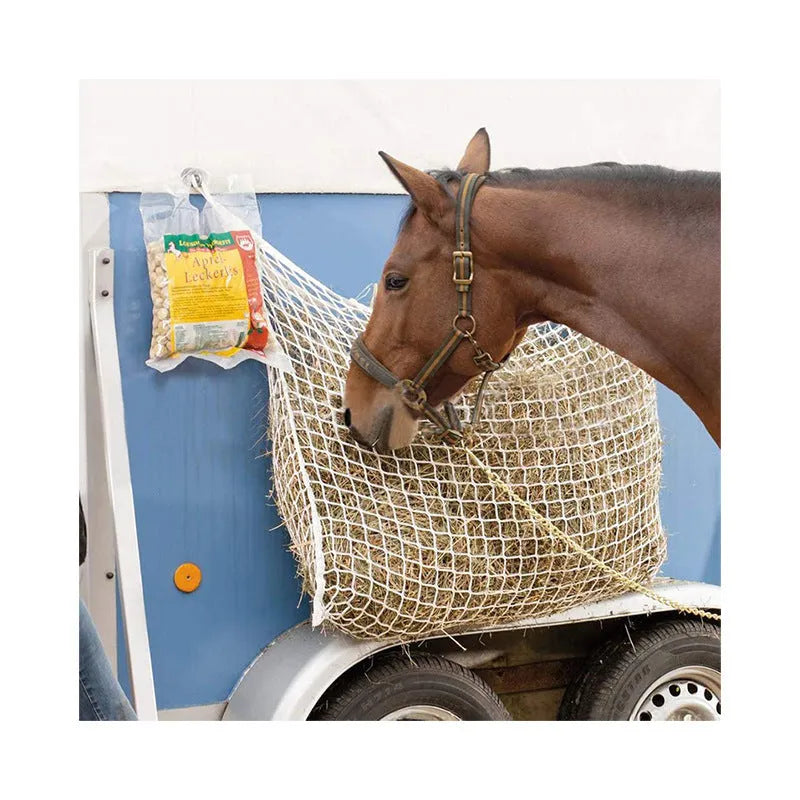 Black woven polyethylene rope hanging hay net for horses, showing the open grid pattern.
