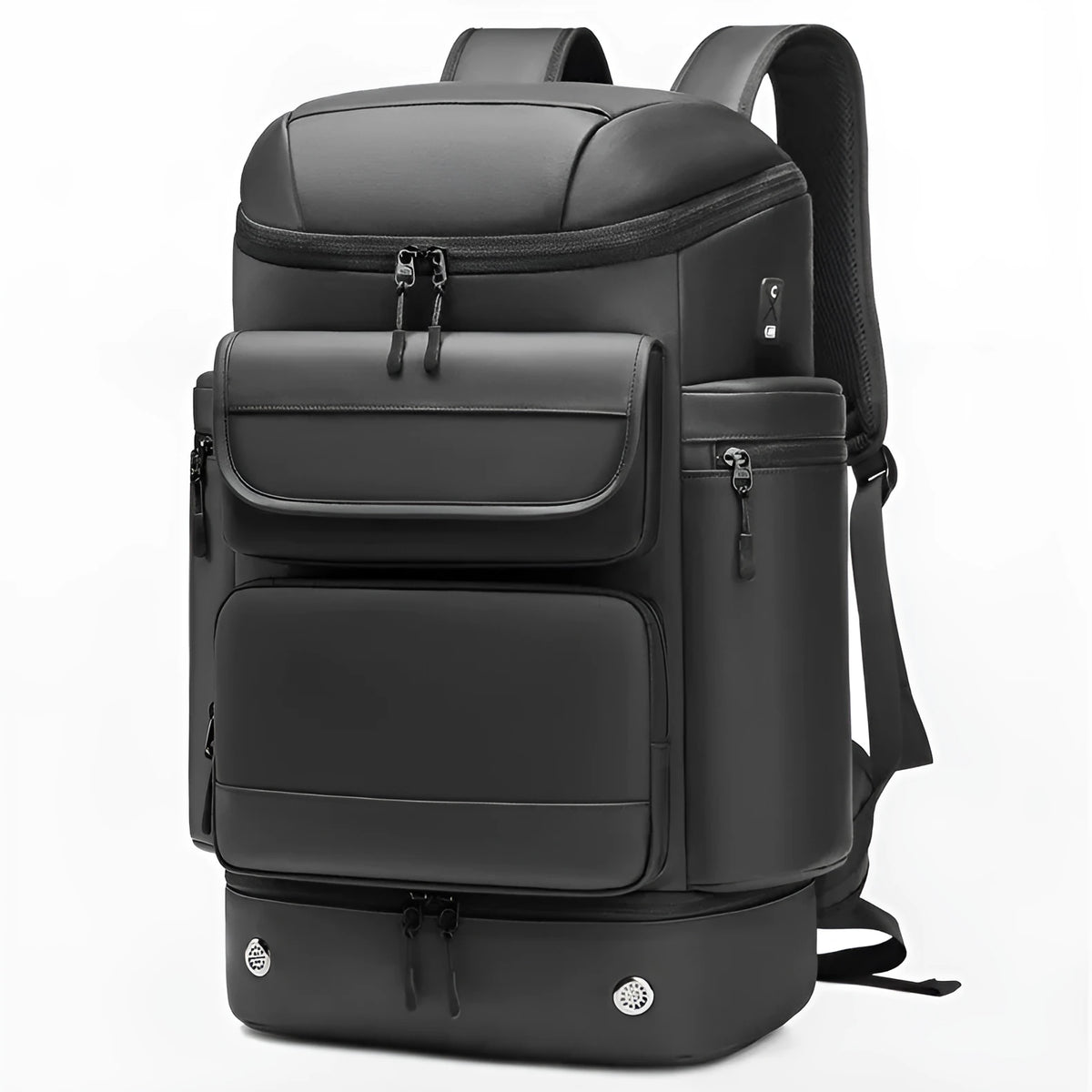Men's 21 inch waterproof Oxford cloth backpack in black with curved shoulder straps and dry wet separation compartment