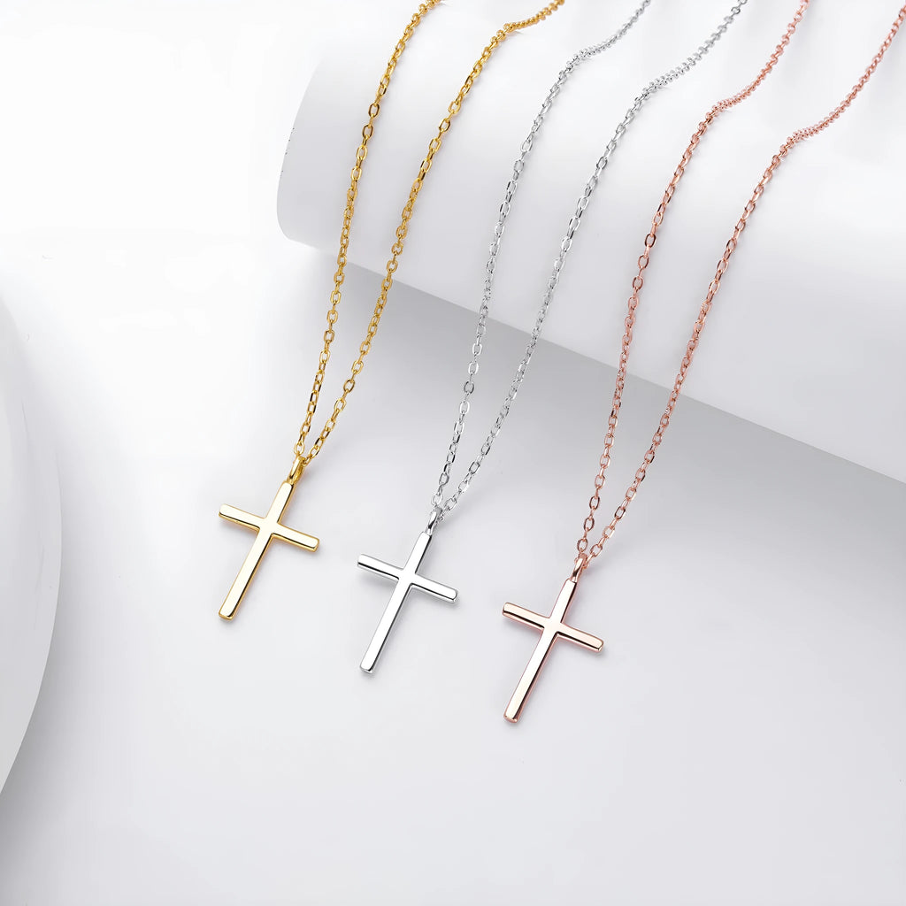 Sterling silver cross pendant necklace on O-shaped chain with gold, platinum, and rose gold plating options