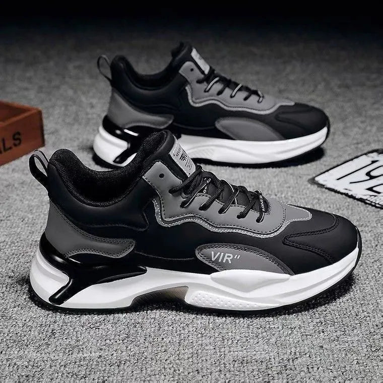Men's black white lightweight breathable synthetic leather lace-up casual sneakers with round toe