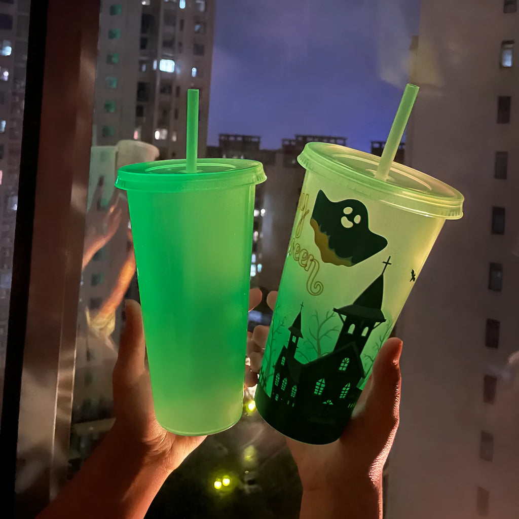 720ml Halloween plastic sippy cup with luminous straw in assorted colours