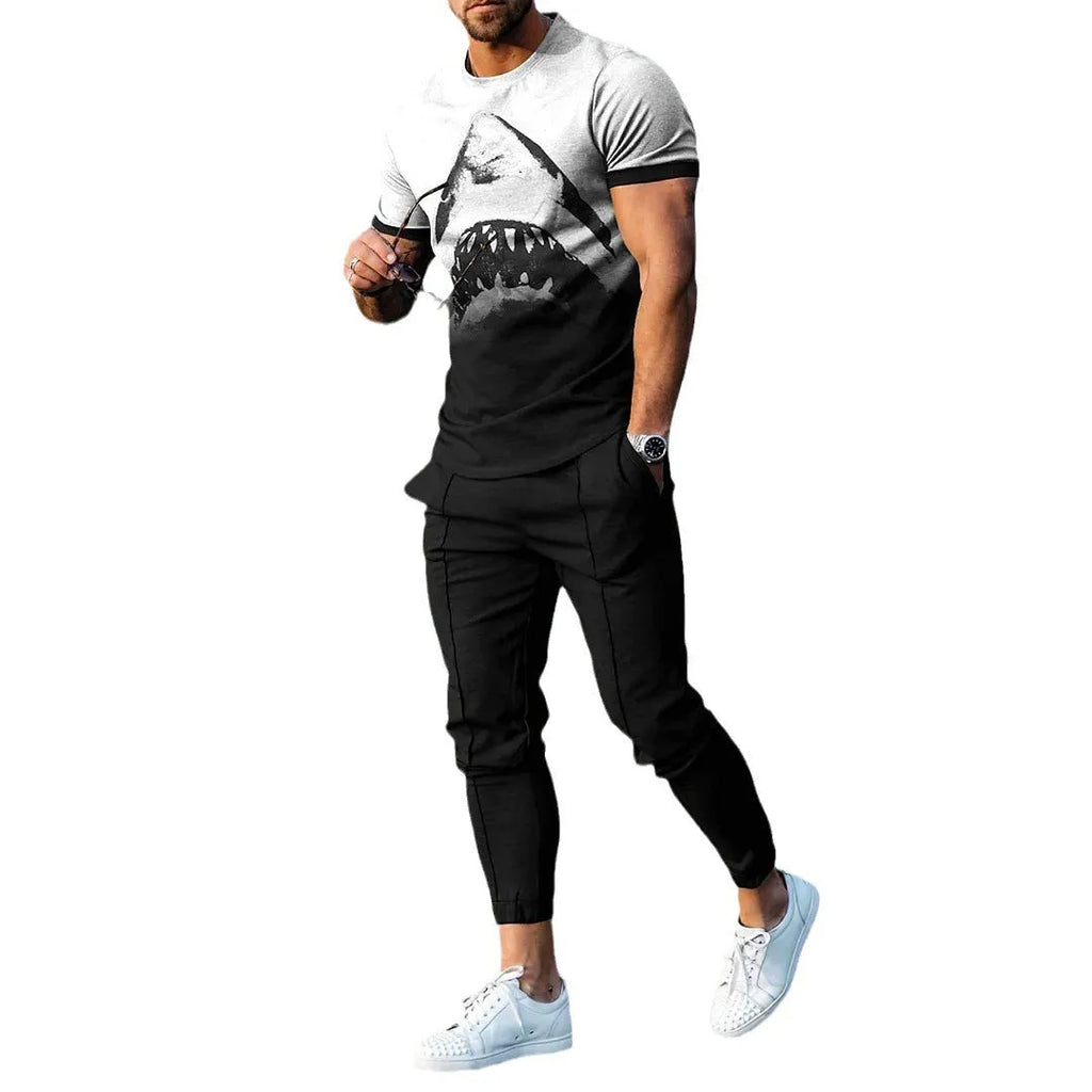 Men's short-sleeved round neck T-shirt and full-length trousers set in a solid colour.