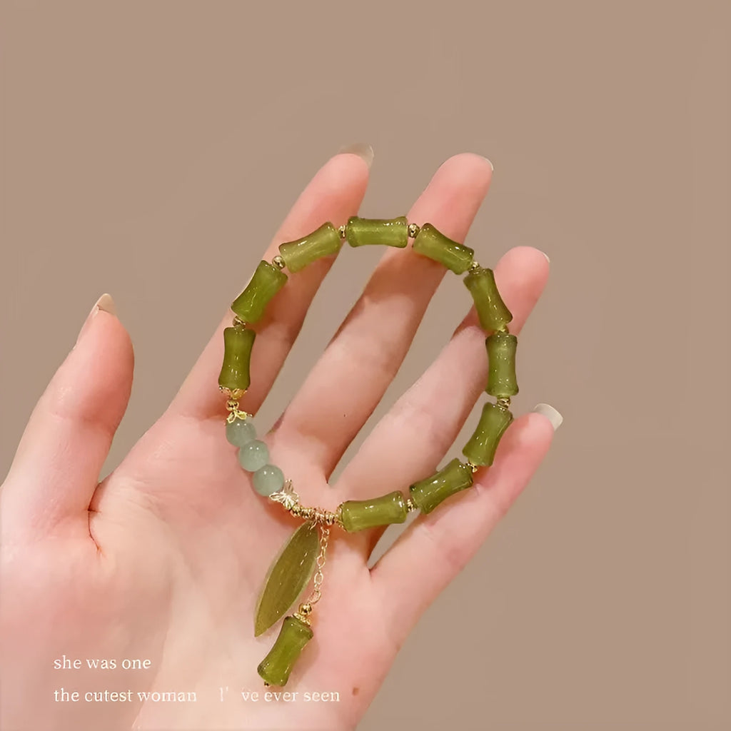 Chinese style glass bamboo leaf bracelet for women with manual craft details.