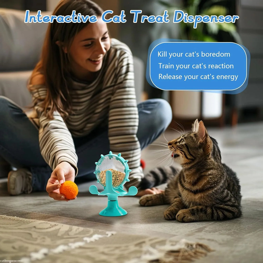 Interactive pet puzzle feeder toy with rotating spinner and sucker base in multiple colours
