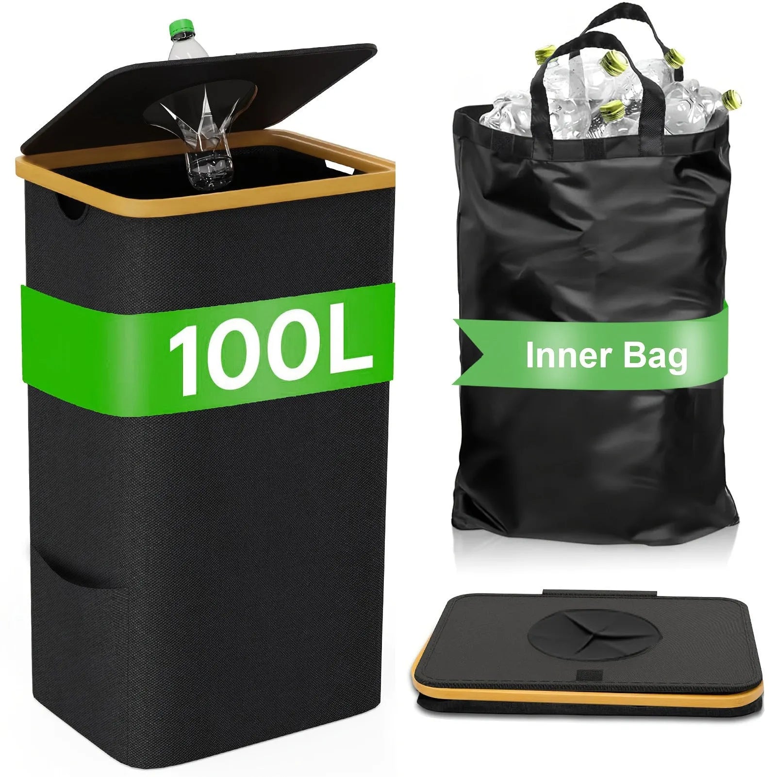 Black bamboo storage basket with a removable lid, side ventilation holes, and two inner pockets.