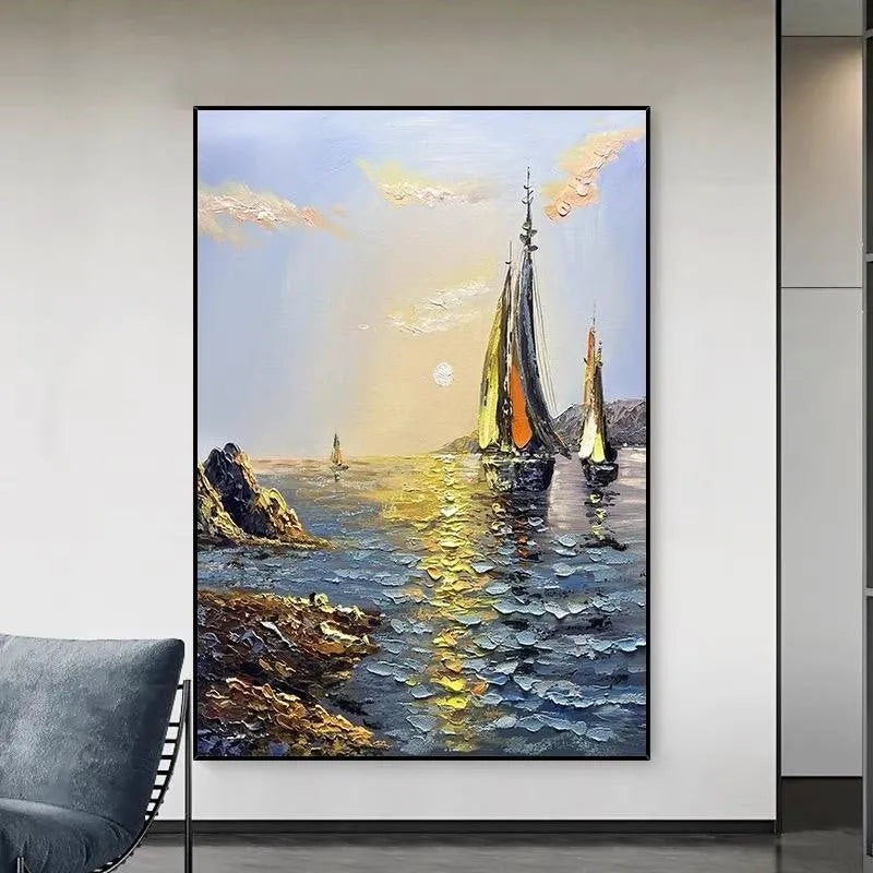 Hand-painted sea boat oil painting on canvas, modern landscape, unframed vertical wall art for living room