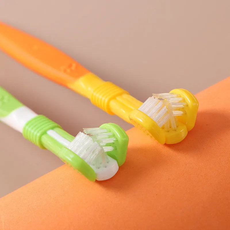 Pet toothbrush oral cleaning product with plastic handle and nylon bristles in assorted colours