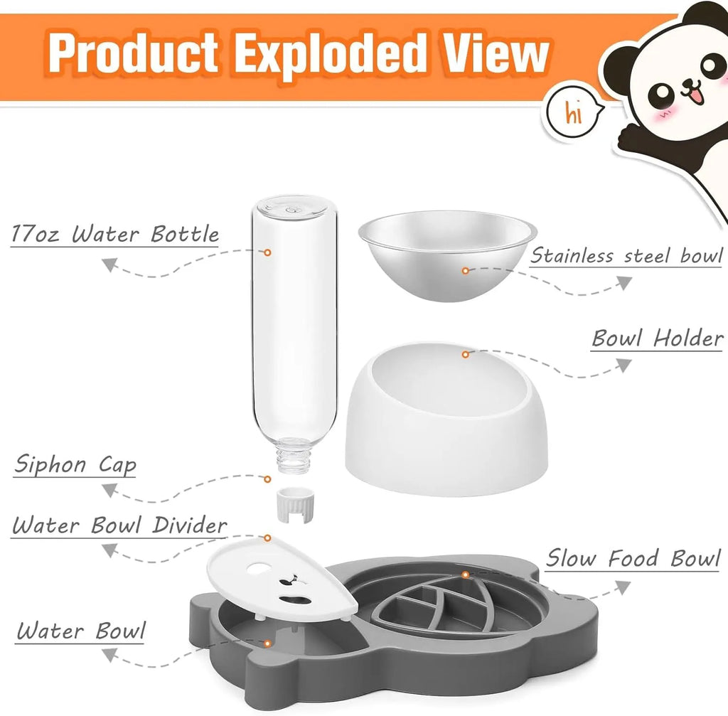 Elevated panda-shaped pet feeding bowl set with tilted stainless steel bowl and automatic water dispenser bottle