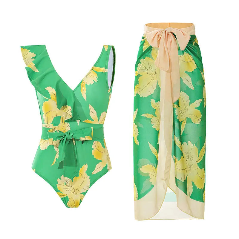 Women's solid colour one-piece swimsuit with spaghetti straps and matching removable skirt