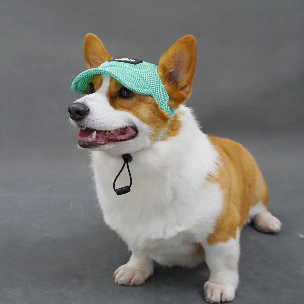 Breathable sandwich net dog hat in green with ear leakage openings for summer shading
