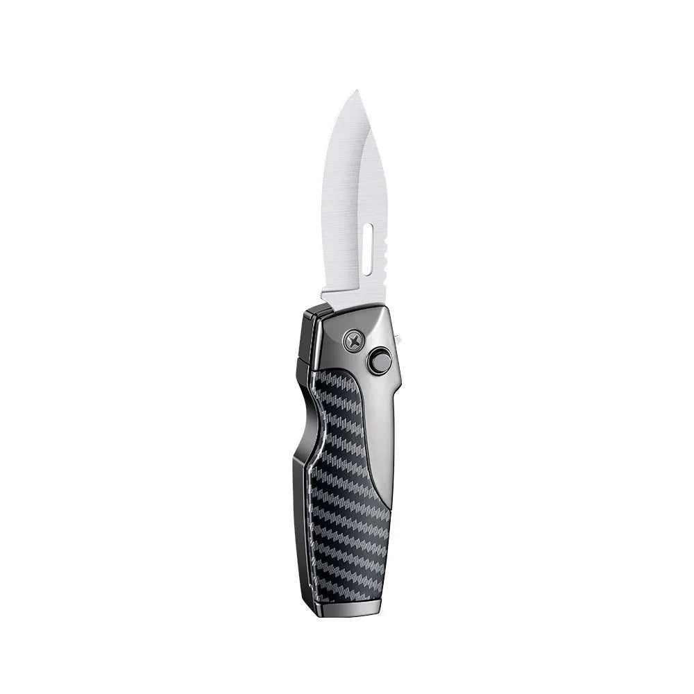 Metal folding lighter with integrated knife blade showing wood grain finish and one-click unfolding mechanism