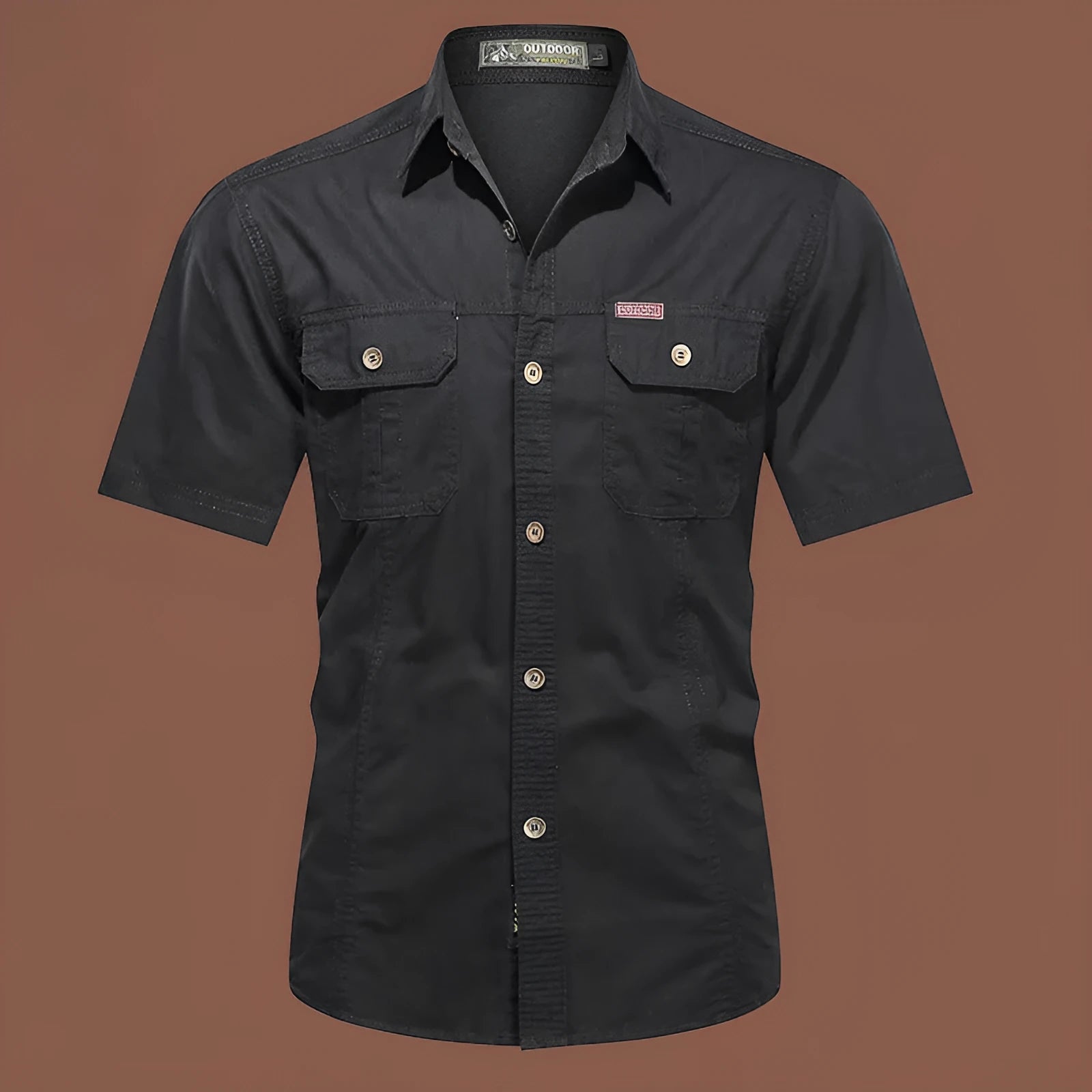 Men's loose cotton cardigan work shirt in short sleeve style with non-ironing treatment