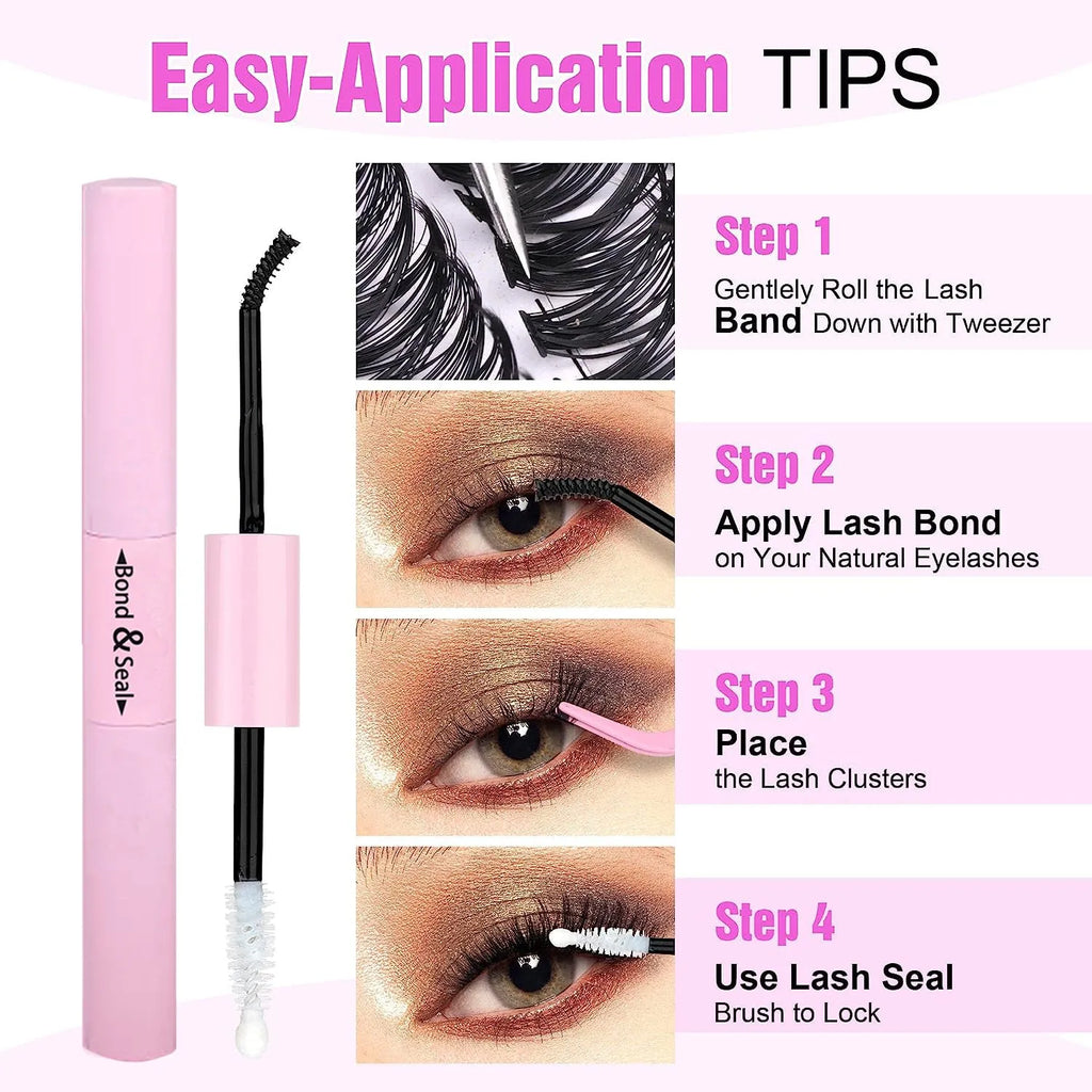 DIY mixed package of 30D and 40D cluster false eyelashes with tweezers on a pink background.