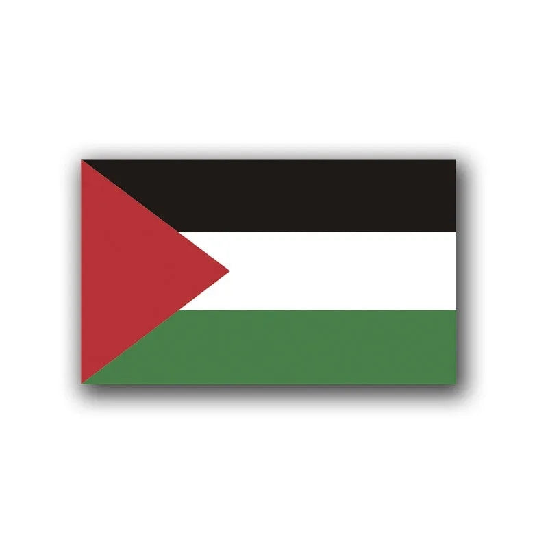 Palestinian flag car decal sticker on a vehicle rear window.